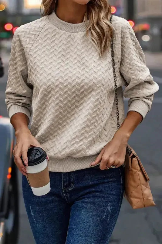 Textured Raglan Sleeve Pullover Sweatshirt - Fashionfitz