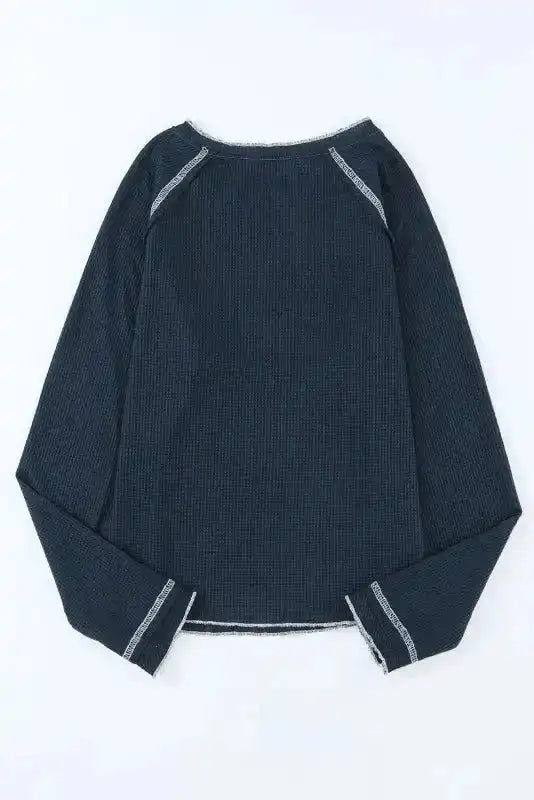 Back flat lay of navy blue Round Neck Textured Top highlighting its waffle knit fabric and raw edge hem for a relaxed look.