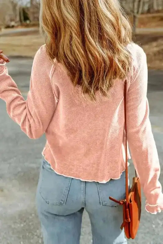 Textured round neck long sleeve top back view — Fashionfitz UK