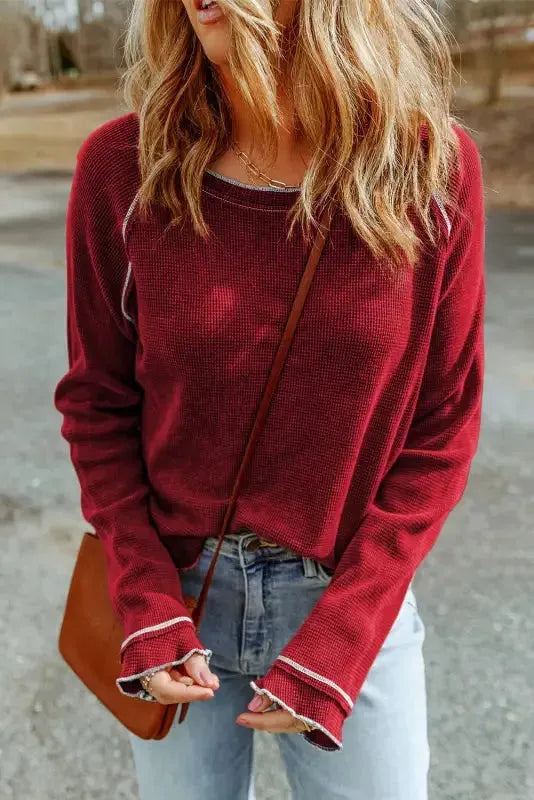 Textured Round Neck Long Sleeve Top - Fashionfitz