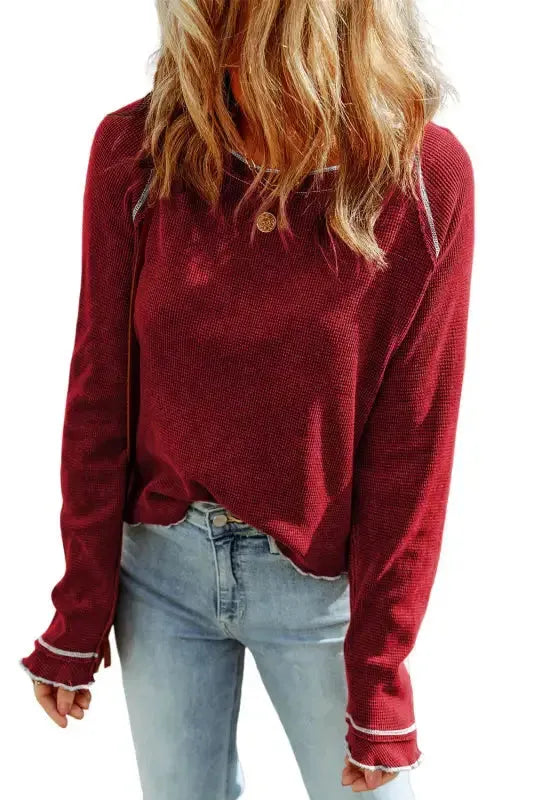 Textured Round Neck Long Sleeve Top - Fashionfitz