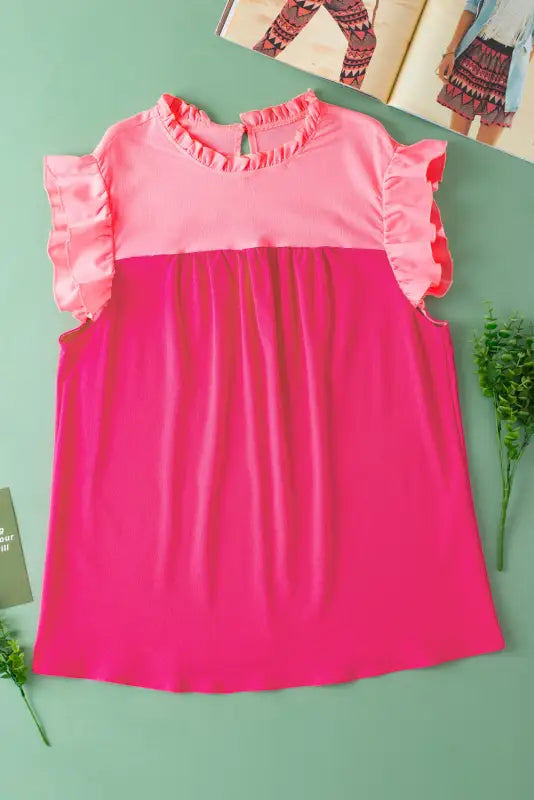 Strawberry pink textured ruffled trim plus blouse - 1x / 95% polyester + 5% elastane - size/plus size tops/plus blouses