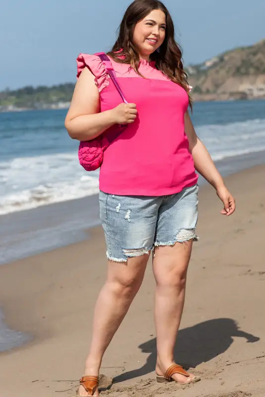 Strawberry pink textured ruffled trim plus blouse - size/plus size tops/plus blouses & shirts