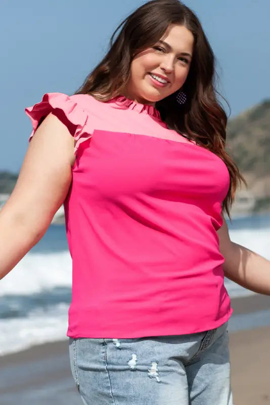 Strawberry pink textured ruffled trim plus blouse - size/plus size tops/plus blouses & shirts