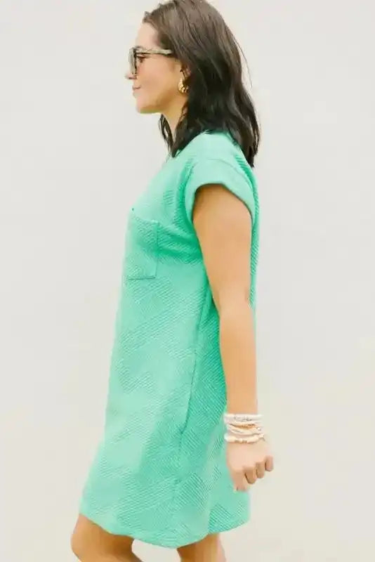 Textured T-Shirt Dress - Mint Green Cap Sleeve - Fashionfitz