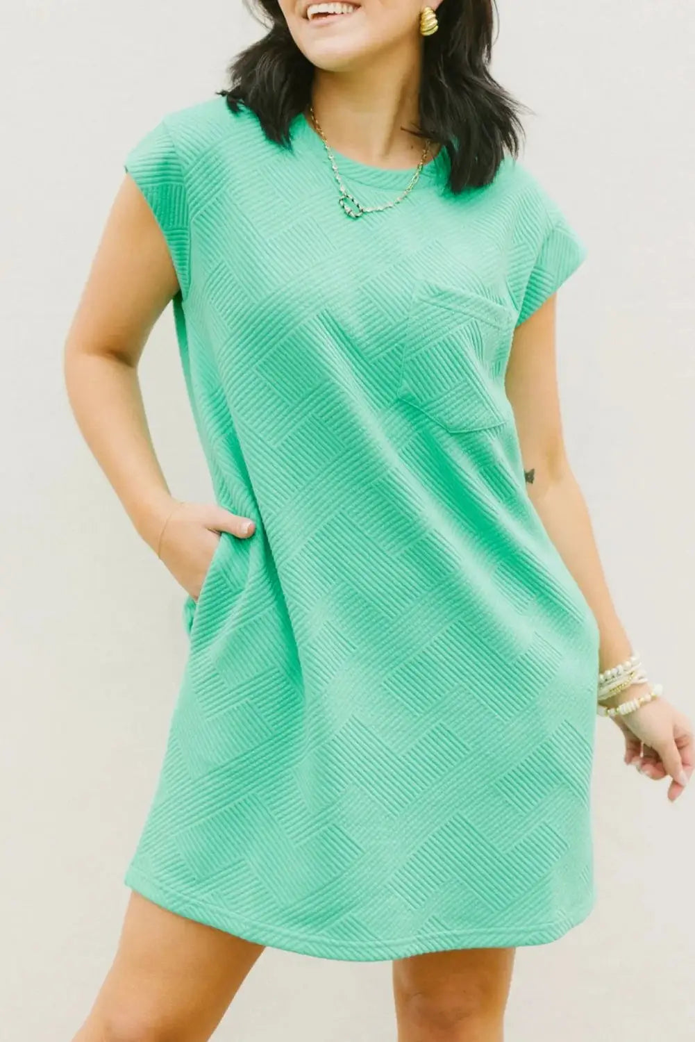 Textured t-shirt dress - mint green cap sleeve - s / 95% polyester + 5% elastane - t shirt dresses