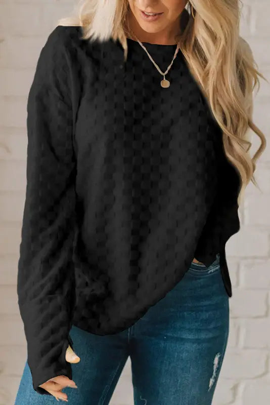 Textured thumbhole sleeve top - black / s / 100% polyester - long tops