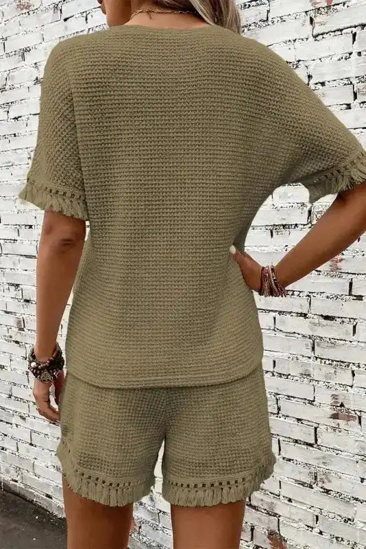 Laurel green textured fringe shorts set back view — Fashionfitz UK