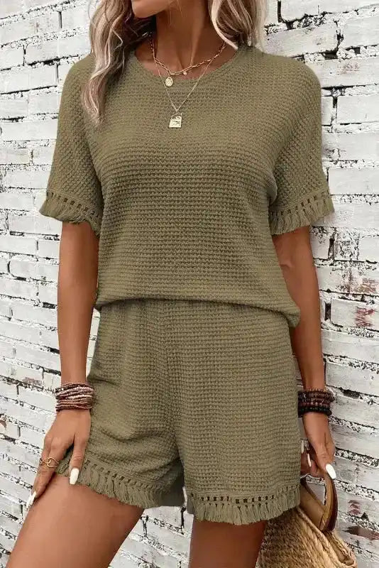 Laurel green textured fringe tee and shorts set front view — Fashionfitz UK