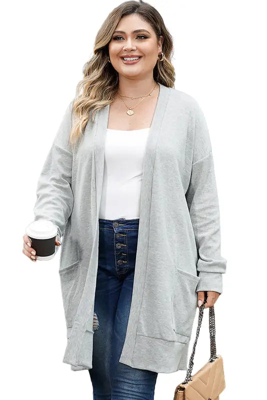 Thermal knit pocketed plus size cardigan