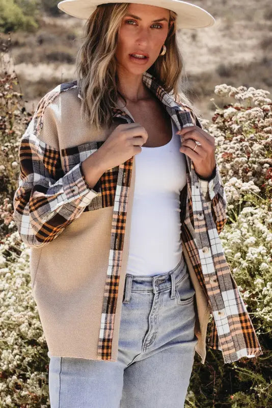 Thermal plaid patchwork shacket | women’s shackets | fashionfitz