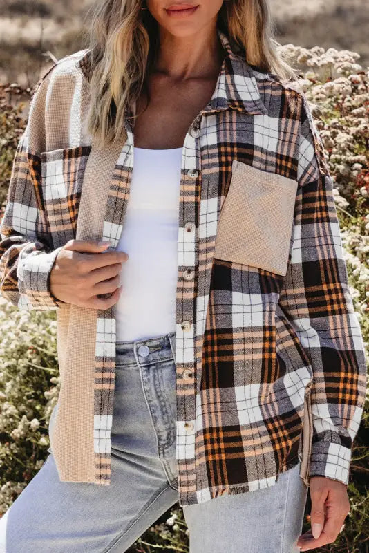 Thermal plaid patchwork shacket | women’s shackets | fashionfitz