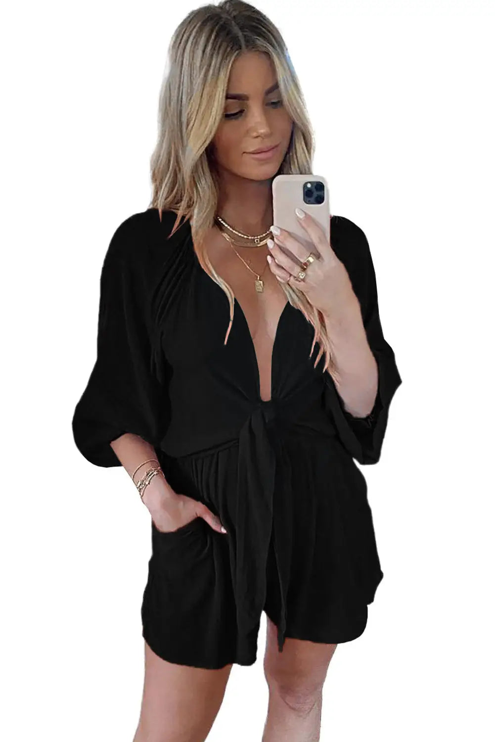 Tie knot puff long sleeve romper - jumpsuits & rompers