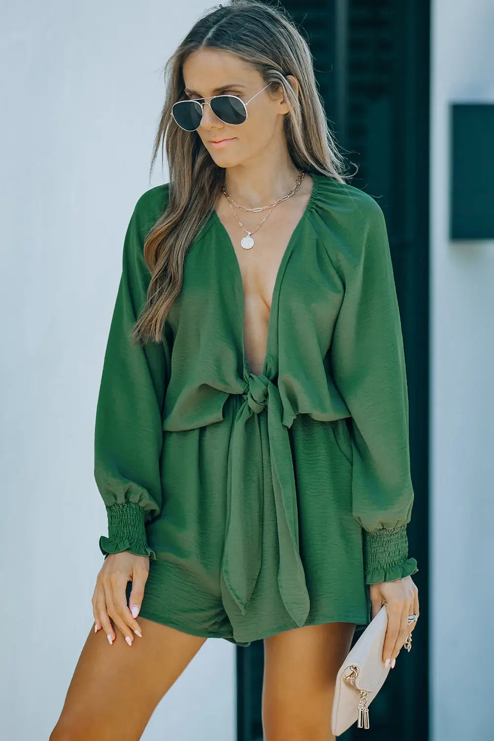 Tie knot puff long sleeve romper - jumpsuits & rompers