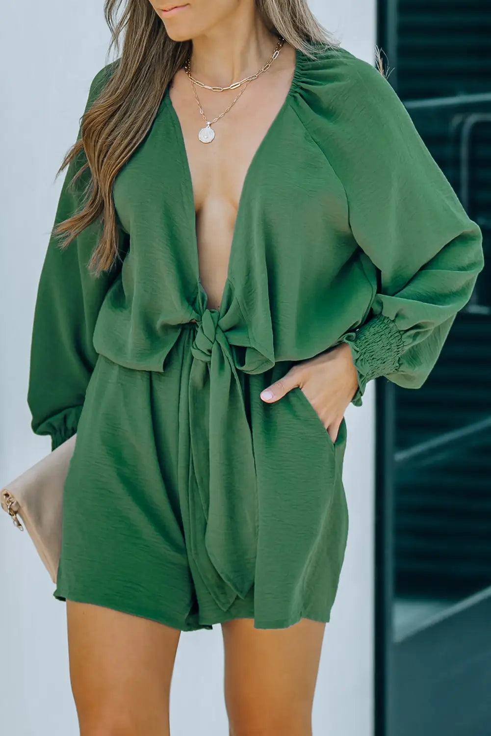 Tie knot puff long sleeve romper - green / s / 100% polyester - jumpsuits & rompers