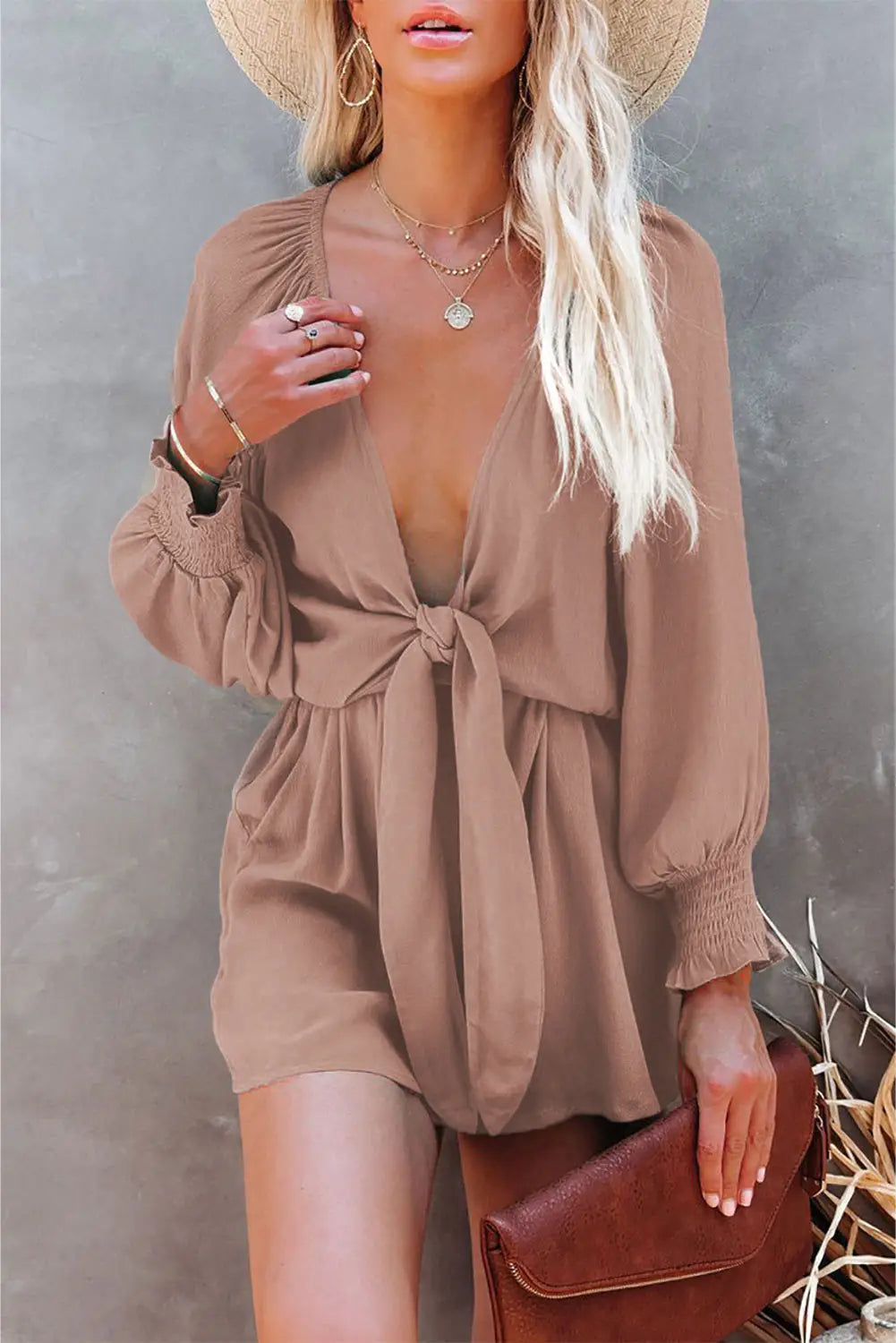 Tie knot puff long sleeve romper - pink / s / 100% polyester - jumpsuits & rompers