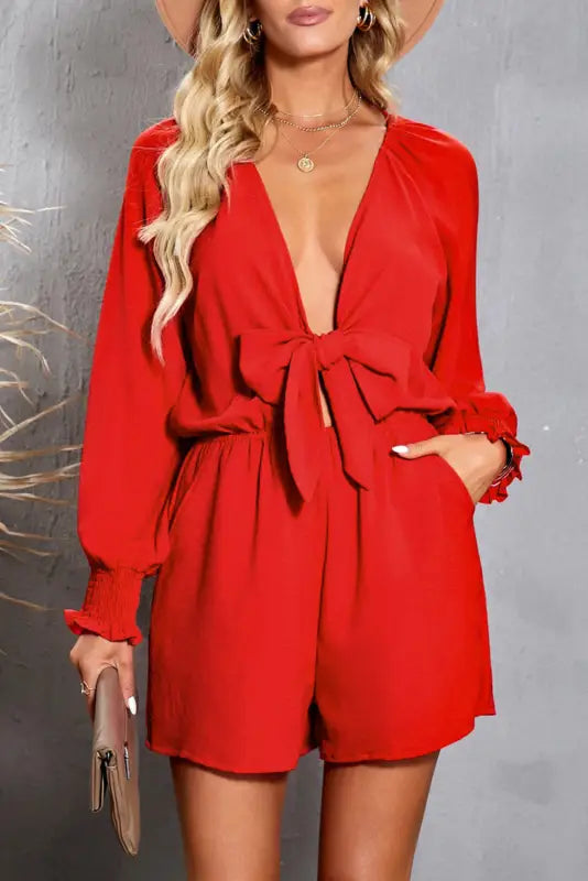 Tie-knot puff sleeve romper - rompers