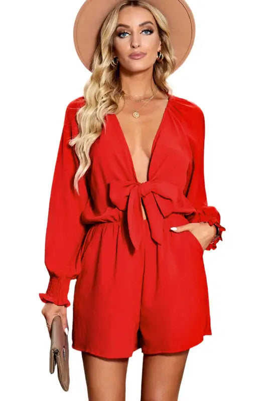 Tie-knot puff sleeve romper - rompers