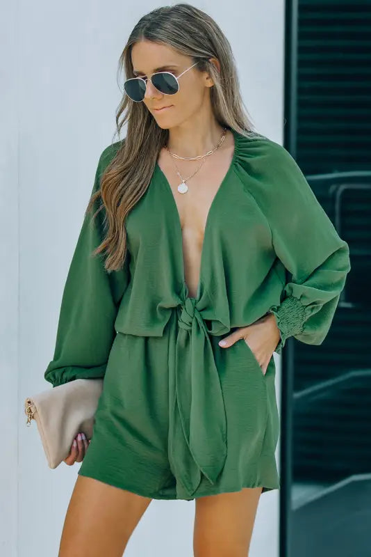 Tie-knot puff sleeve romper - rompers