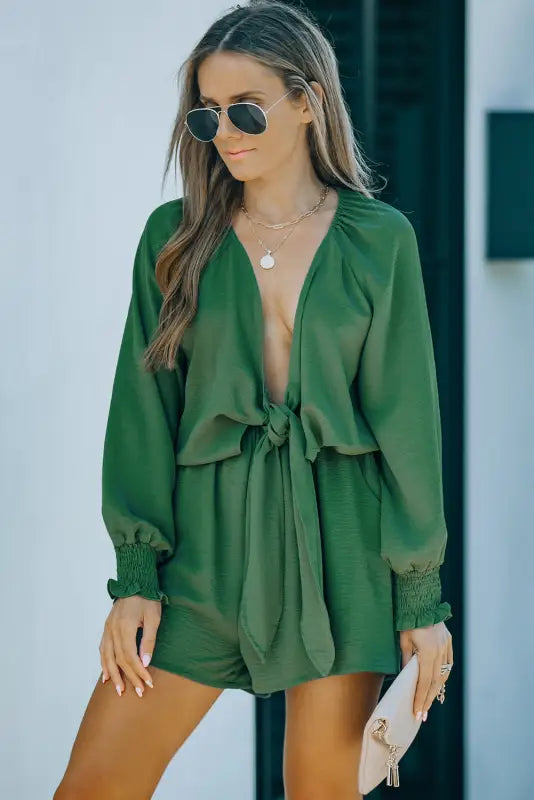 Tie-knot puff sleeve romper - rompers