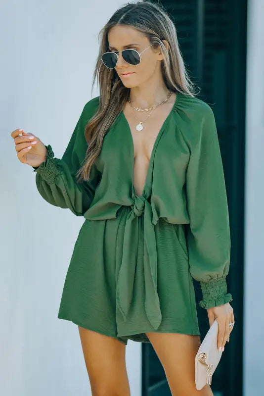 Tie-knot puff sleeve romper - rompers