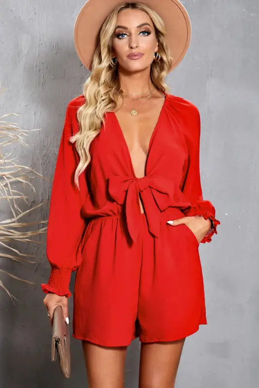 Tie-knot puff sleeve romper - rompers