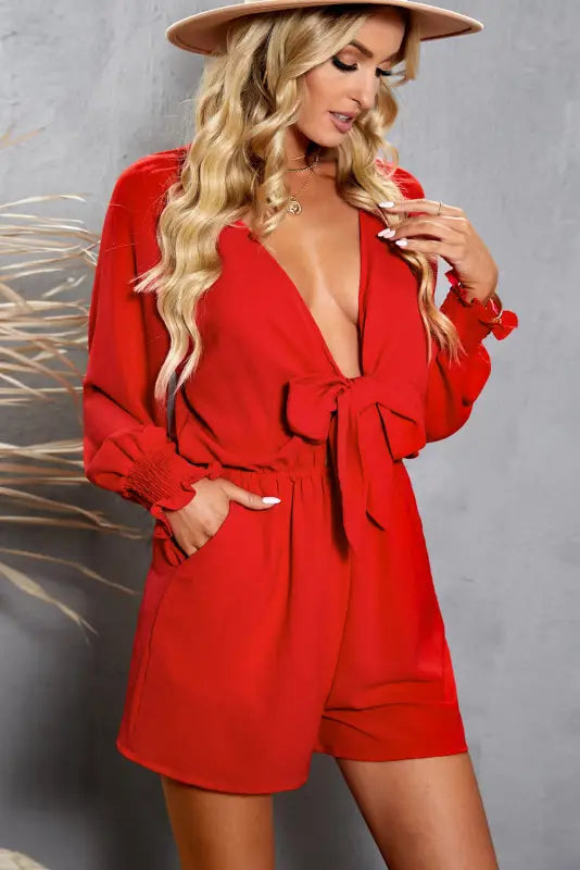 Tie-knot puff sleeve romper - rompers