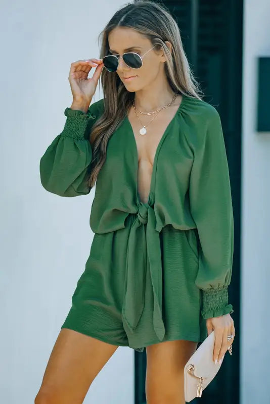 Tie-knot puff sleeve romper - rompers