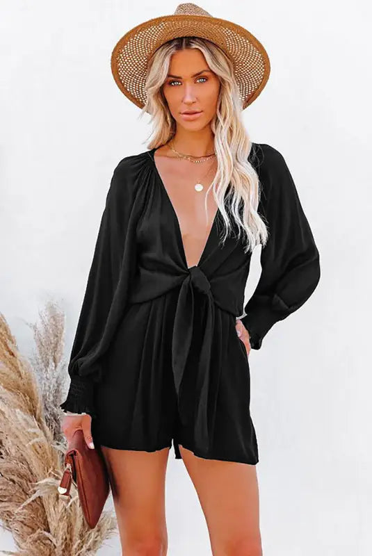 Tie-knot puff sleeve romper - rompers