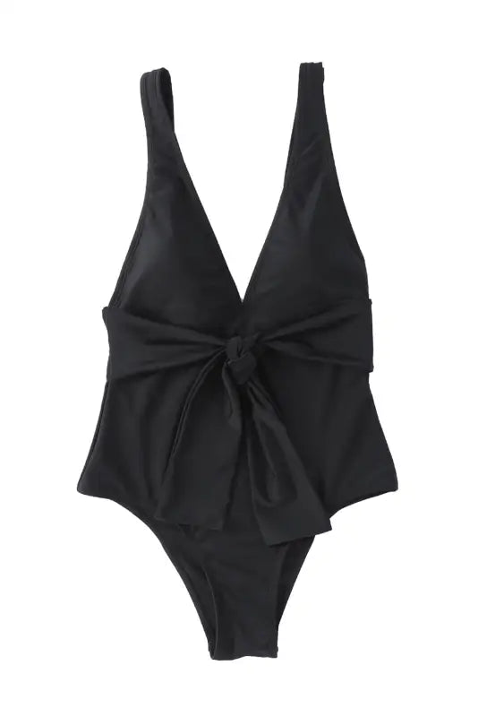 Black deep v neck tie waist one-piece swimsuit - one piece swimsuits