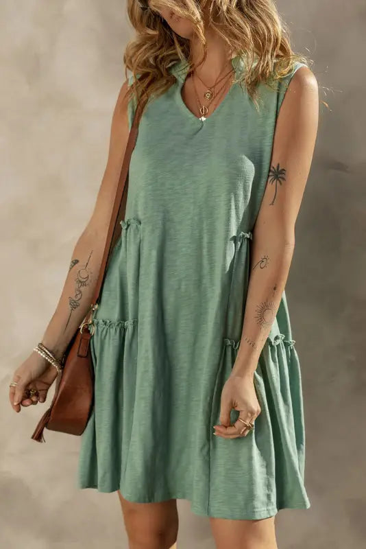 Tiered flowy sleeveless mini dress - moonlight jade / s / 65% polyester + 35% cotton - dresses/mini dresses