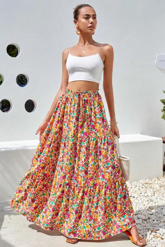 Tiered long skirt - yellow boho floral print - bottoms/skirts & petticoat