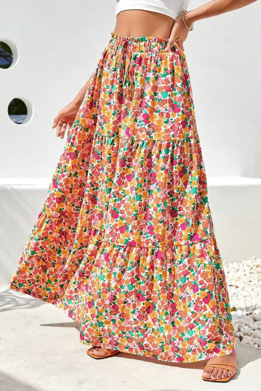 Tiered long skirt - yellow boho floral print - bottoms/skirts & petticoat