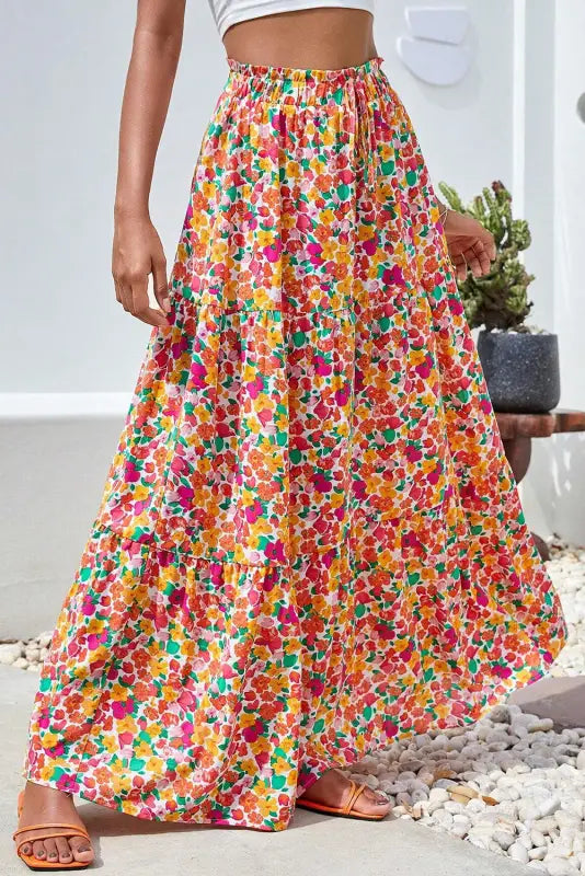 Tiered long skirt - yellow boho floral print - bottoms/skirts & petticoat