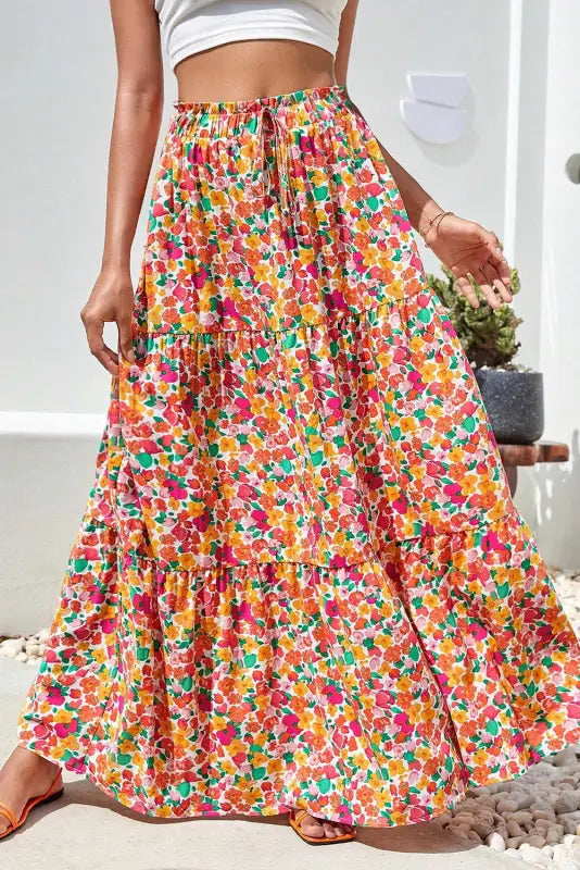 Tiered long skirt - yellow boho floral print - s / 100% polyester - bottoms/skirts & petticoat