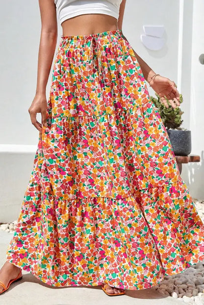 Tiered long skirt - yellow boho floral print - s / 100% polyester - bottoms/skirts & petticoat