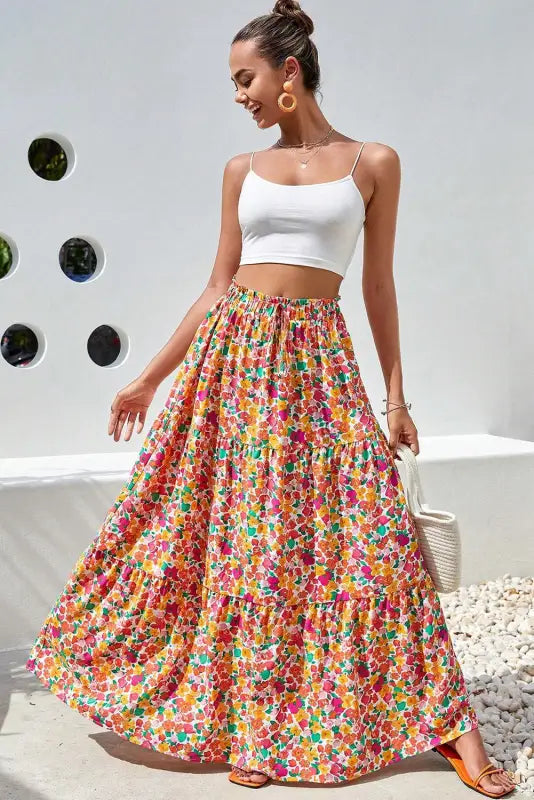 Tiered long skirt - yellow boho floral print - bottoms/skirts & petticoat