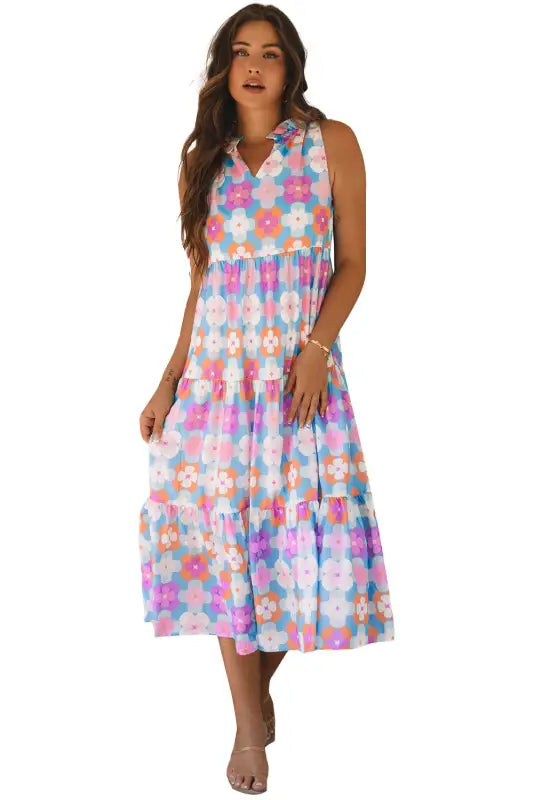 Tiered maxi dress - sky blue floral sleeveless