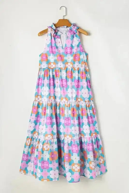 Tiered Maxi Dress - Sky Blue Floral Sleeveless - Fashionfitz