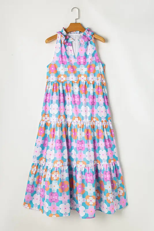 Tiered maxi dress - sky blue floral sleeveless