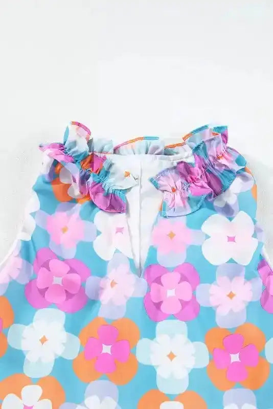 Tiered Maxi Dress - Sky Blue Floral Sleeveless - Fashionfitz