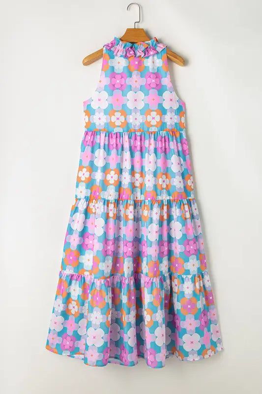 Tiered maxi dress - sky blue floral sleeveless