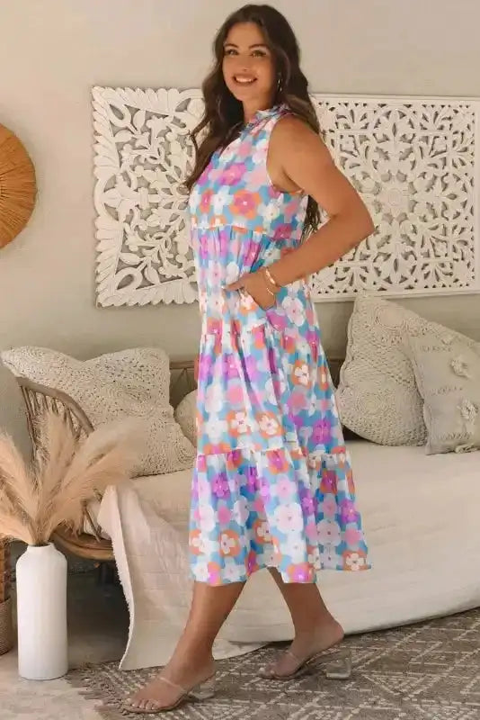 Tiered Maxi Dress - Sky Blue Floral Sleeveless - Fashionfitz