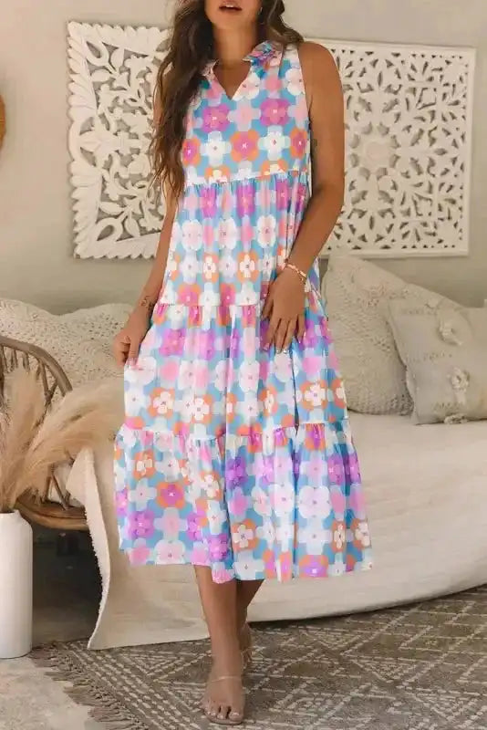 Tiered Maxi Dress - Sky Blue Floral Sleeveless - Fashionfitz
