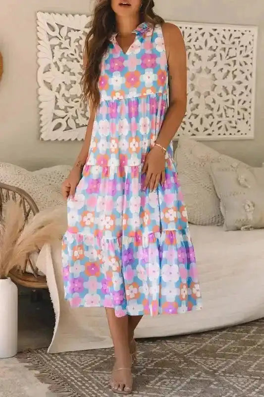 Tiered Maxi Dress - Sky Blue Floral Sleeveless - Fashionfitz