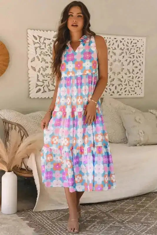 Tiered Maxi Dress - Sky Blue Floral Sleeveless - Fashionfitz