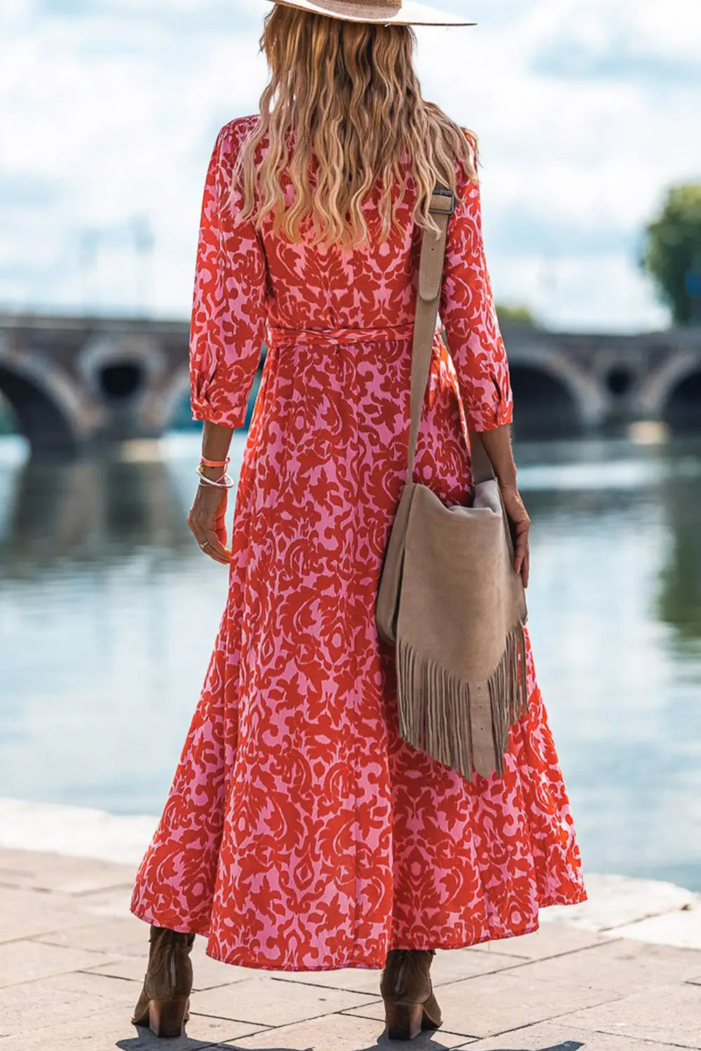 Tomato red printed 3/4 sleeve v neck shirt long dress with belt - maxi dresses