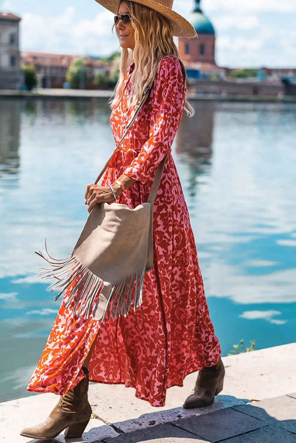 Tomato red printed 3/4 sleeve v neck shirt long dress with belt - maxi dresses