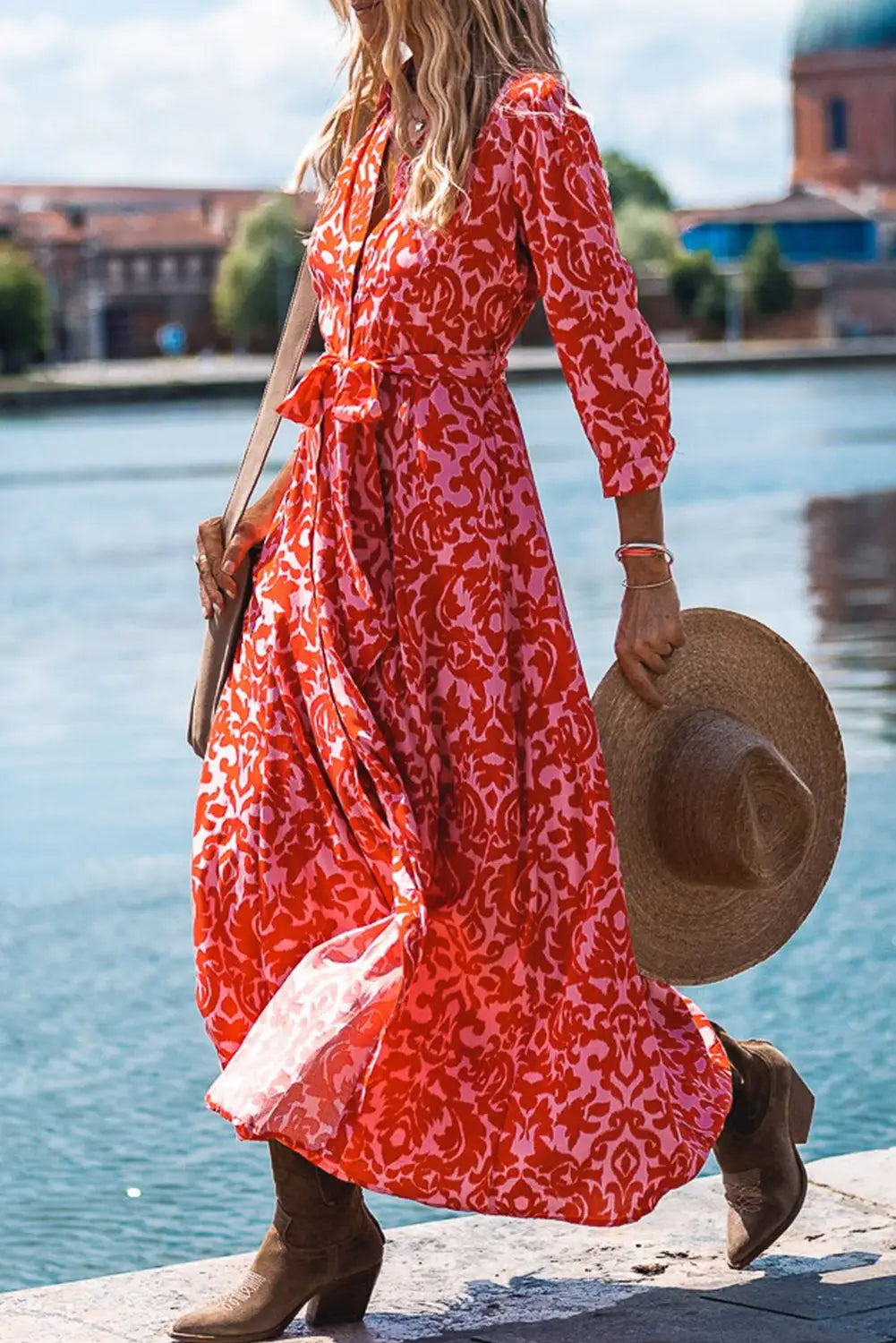Tomato red printed 3/4 sleeve v neck shirt long dress with belt - s / 100% polyester - maxi dresses