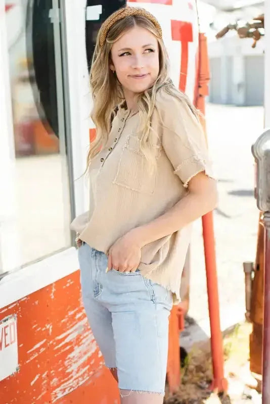 Parchment Crinkle Textured Frayed Trim Half Button Short Sleeve Top - Fashionfitz